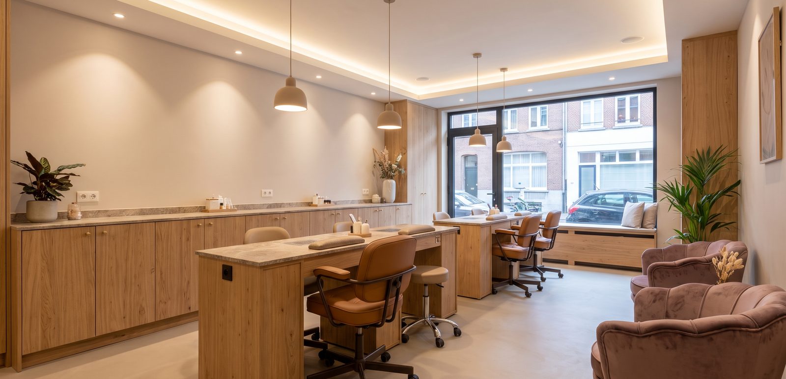 Clean nail salon workstation with polish bottles